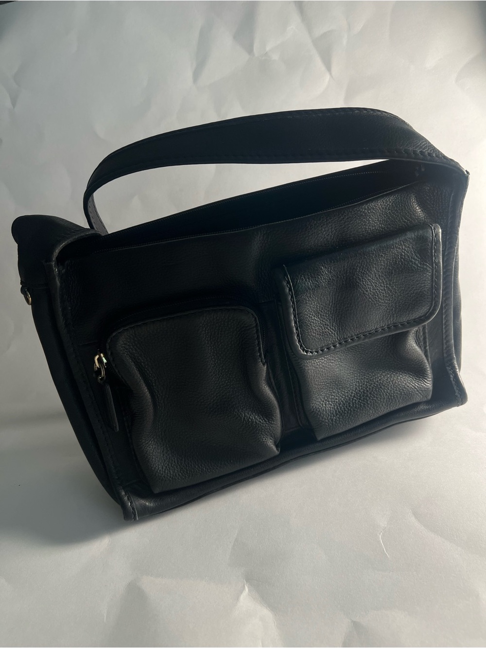 Classic Black Fossil Leather Handbag with Front Pockets